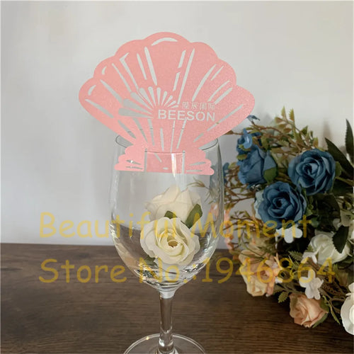 50pcs Sea Shell Shaped Wedding Hollow Out Name Place Cards Beach Wedding Favor Customized Cards For Wine Glass Table Decoration