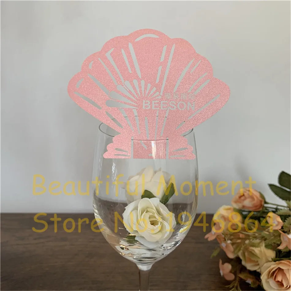 50pcs Sea Shell Shaped Wedding Hollow Out Name Place Cards Beach Wedding Favor Customized Cards For Wine Glass Table Decoration