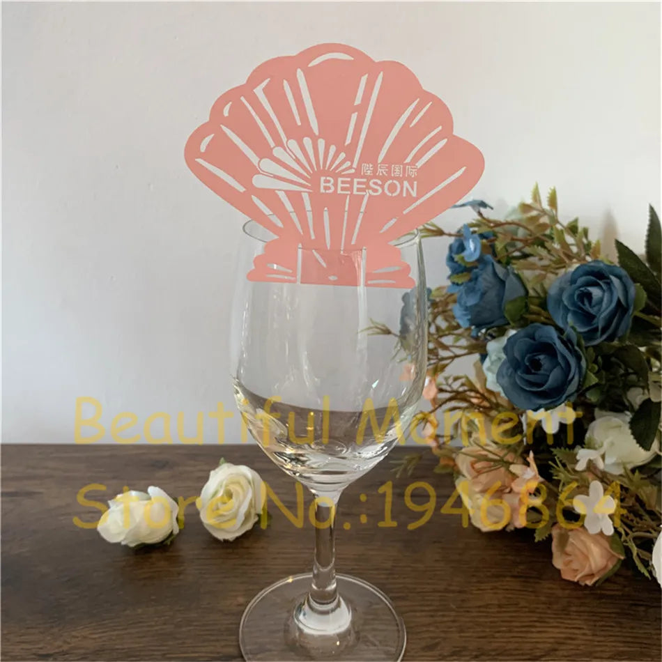 50pcs Sea Shell Shaped Wedding Hollow Out Name Place Cards Beach Wedding Favor Customized Cards For Wine Glass Table Decoration