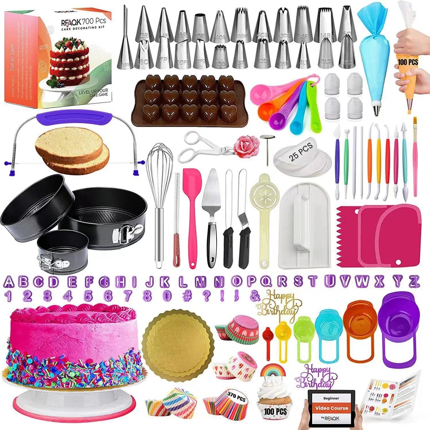700Pcs Complete Cake Decorating Tools Kit with Revolving Turntable, Piping Tips, Springform Cake Pans, Letter Number Molds